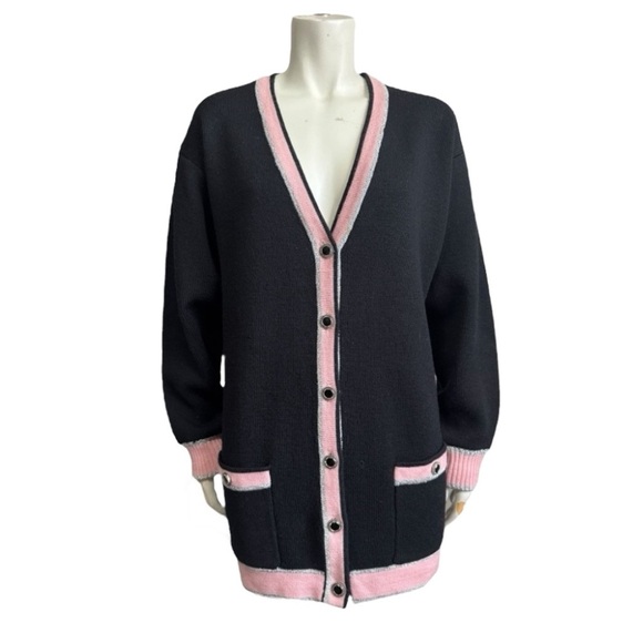 Vintage couture BLEYLE Merino wool cardigan black pink metallic silver large - Picture 5 of 15